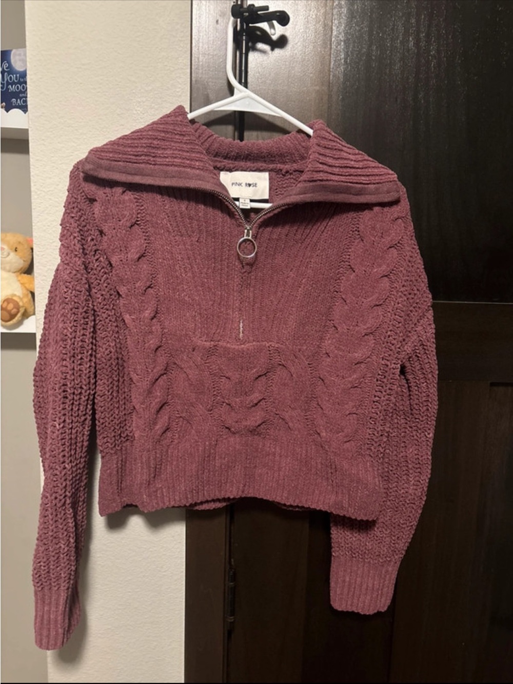 Pink Rose Mauve Cable-Knit Half-Zip Turtleneck Sweater